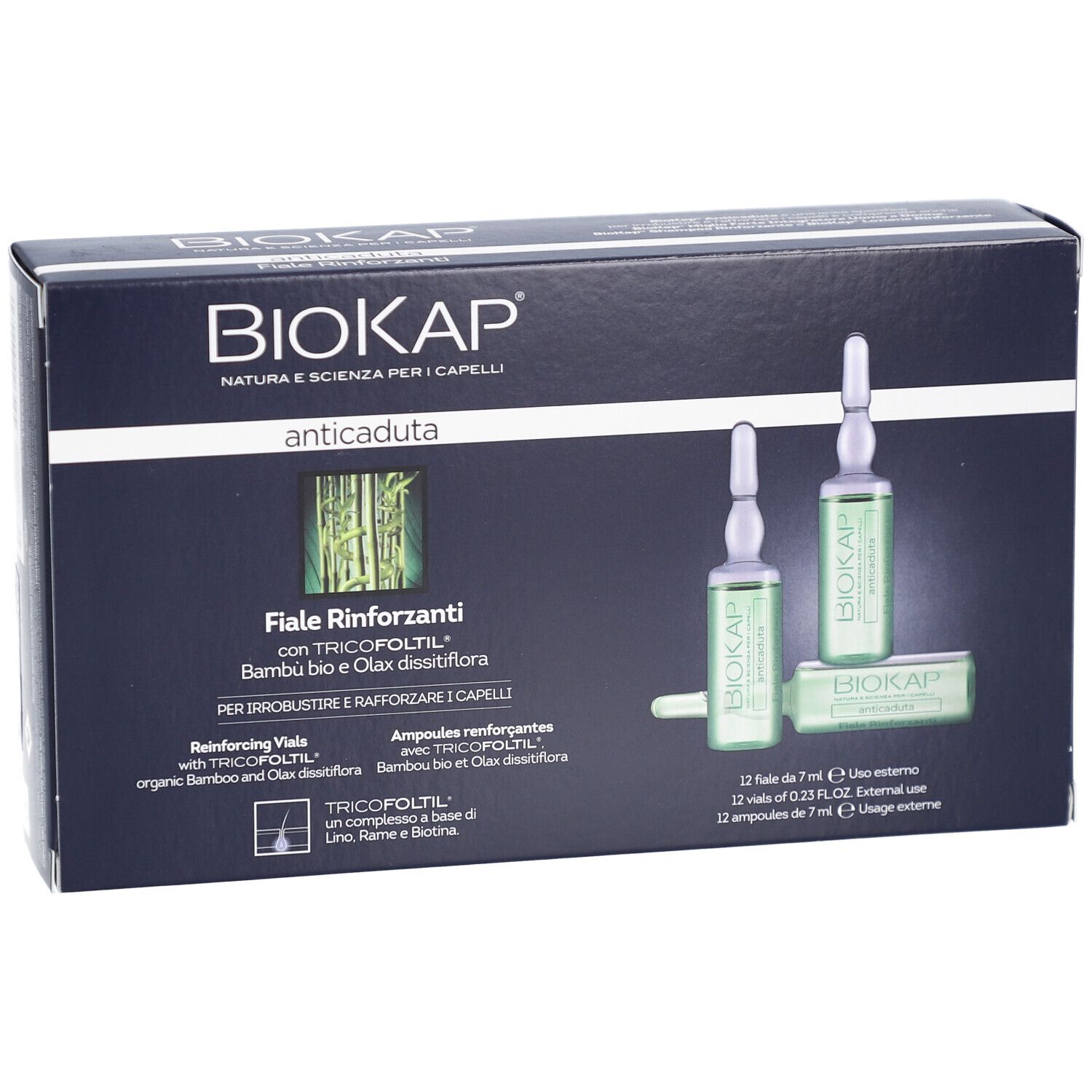 BIOKAP-Ampullen-Schachtel mit 12 Ampullen. Aufschrift: Fiale Rinforzanti, Tricofoltil.