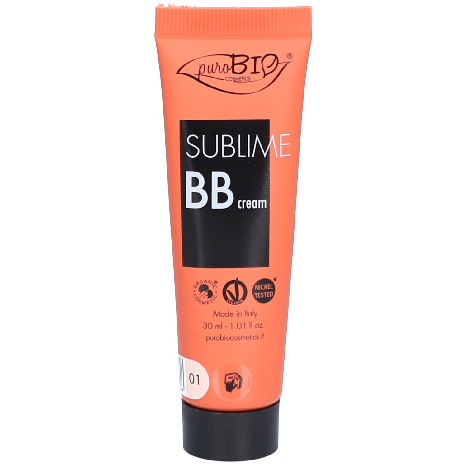 Tube orange avec bouchon noir. Inscription: puroBIO, SUBLIME BB cream. Logo vegan, 30 ml, teinte 01.