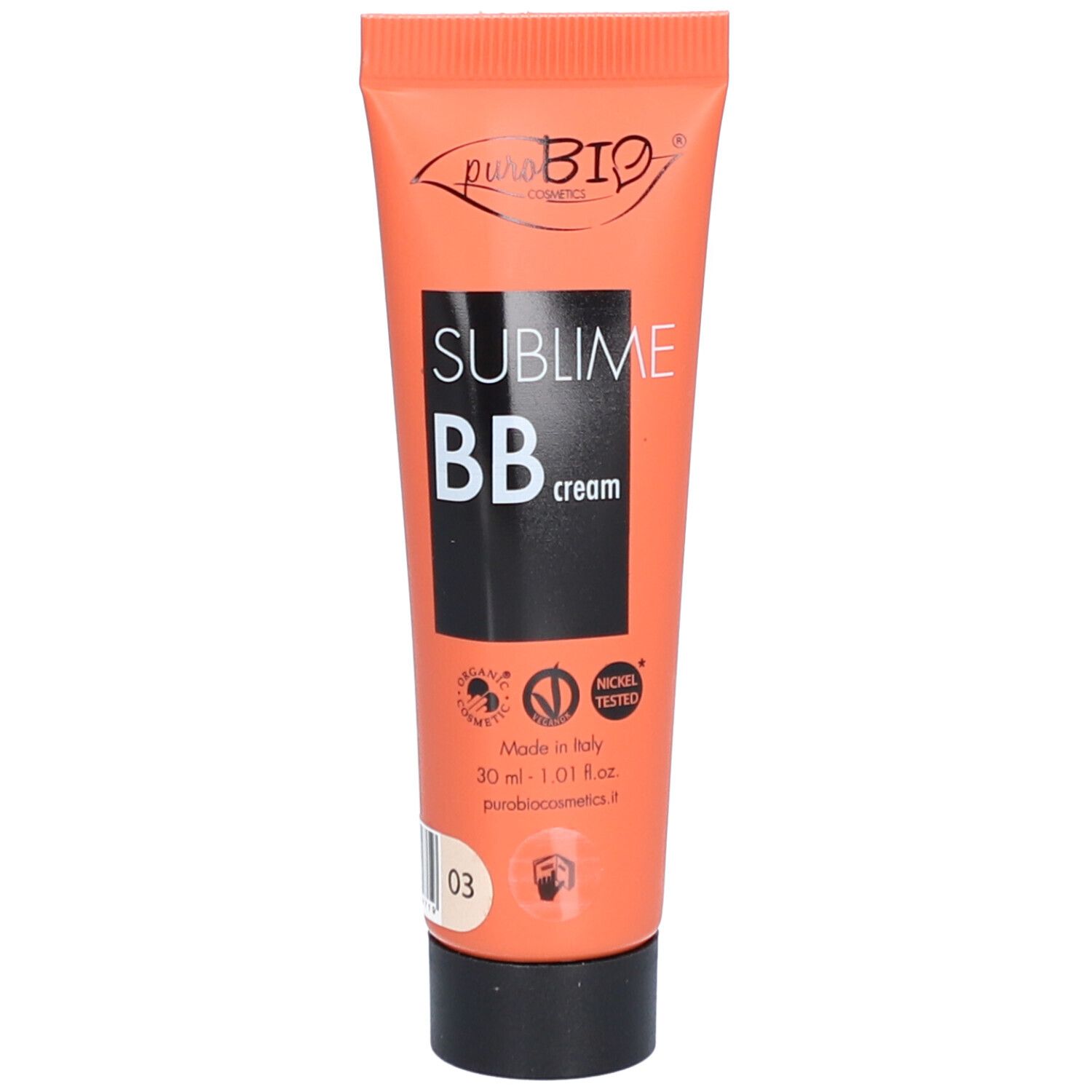 Tube orange avec bouchon noir. Inscription: Sublime BB cream. Logo et texte: Nickel Tested, 30 ml, teinte 03.