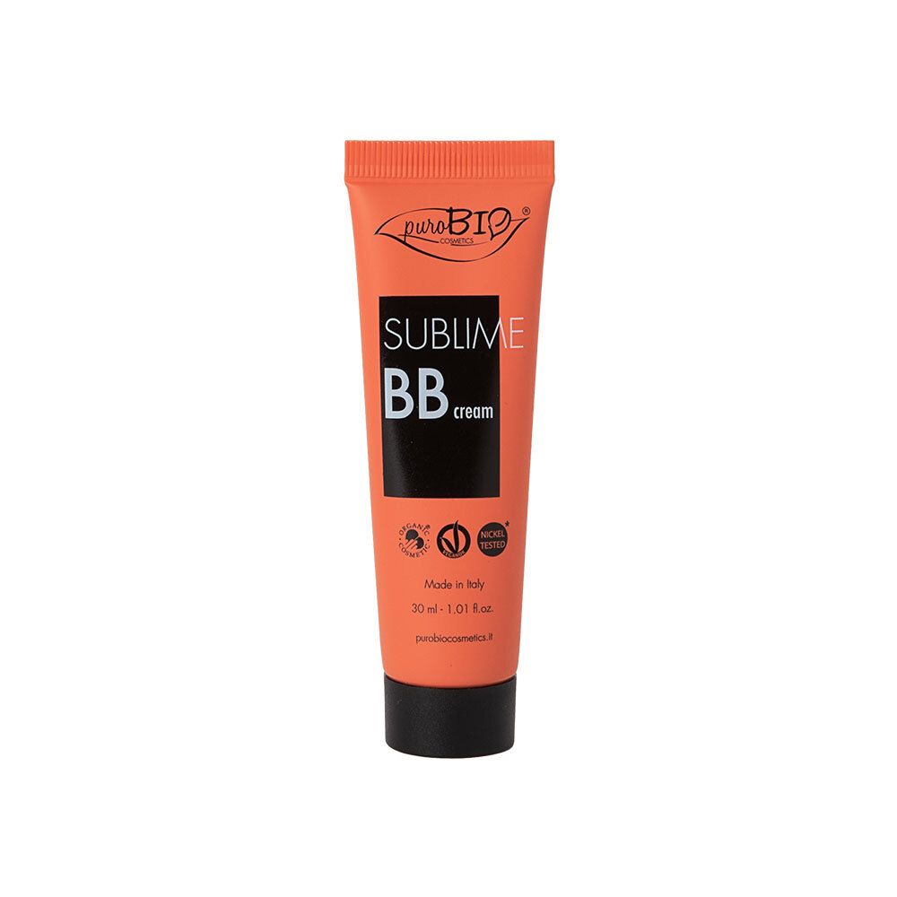 Tube orange avec bouchon noir. Inscription: Sublime BB cream. Marque: puroBIO. Avec certifications et informations produit.