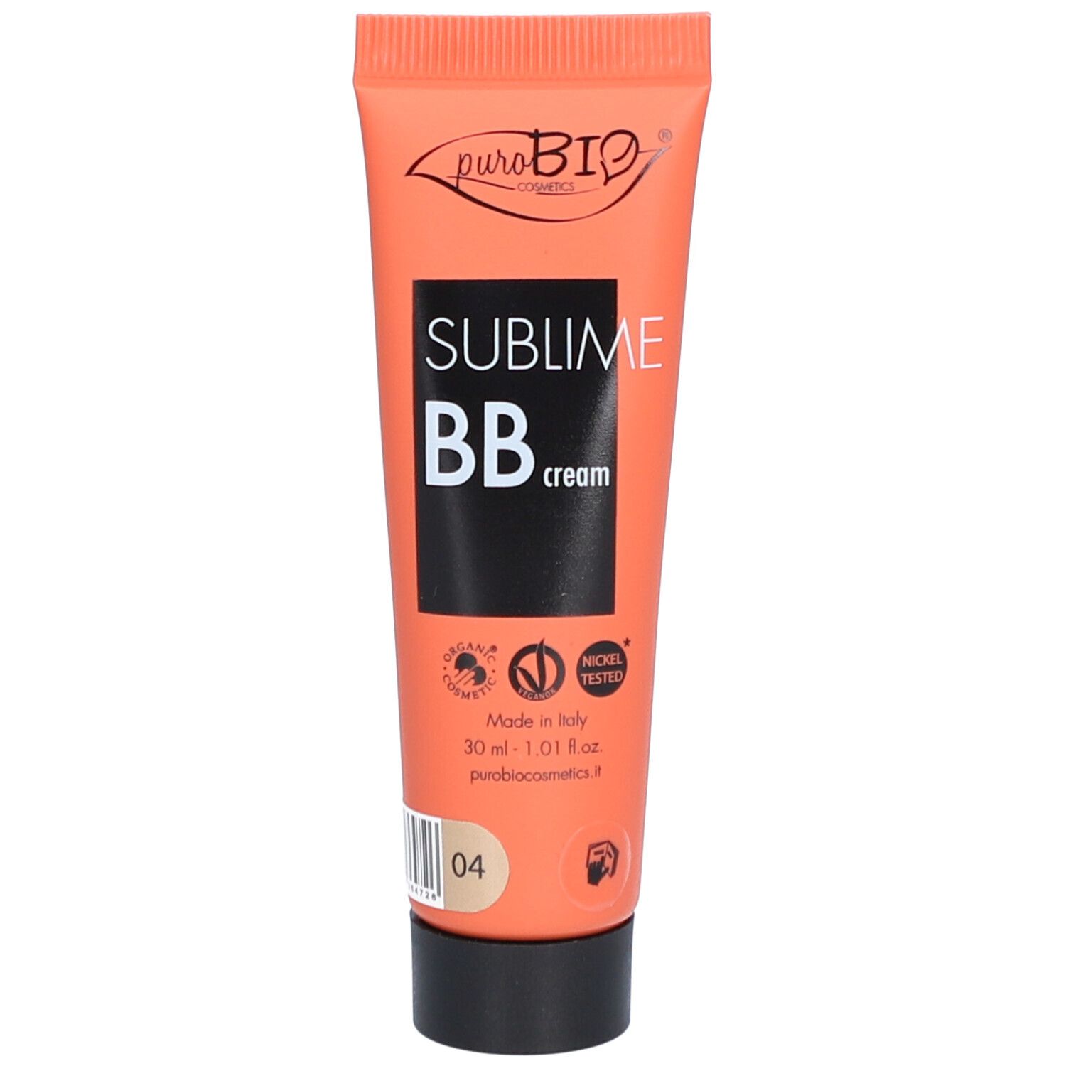 Tube orange avec bouchon noir. Inscription: Sublime BB cream. Marque: puroBIO. Code couleur 04. Avec certifications.