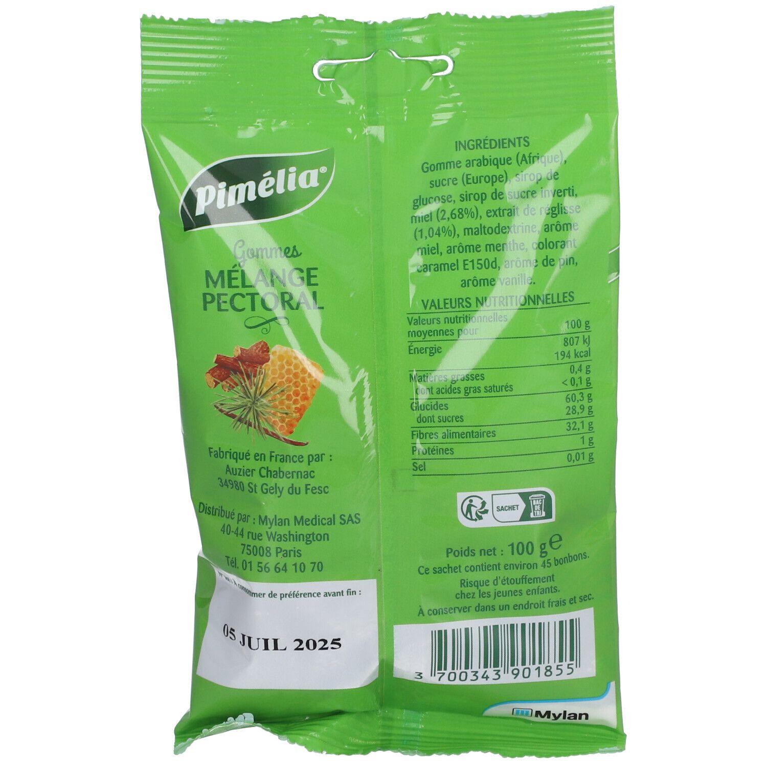 Dos du sachet vert "Pimélia Gommes Mélange Pectoral". Textes: ingrédients, valeurs nutritionnelles, origine, date limite.