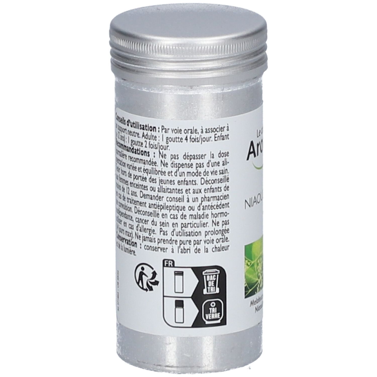 Rückseite der Metallflasche. Text mit Anwendungshinweisen und Warnhinweisen. Symbole für Recycling und Glasentsorgung.