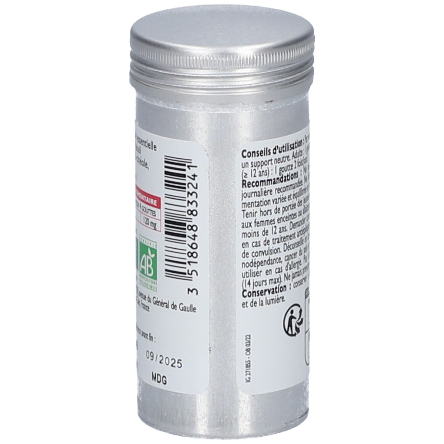 Rückseite der Metallflasche. Text mit Anwendungshinweisen und Warnhinweisen. AB-Bio-Siegel. Mindesthaltbarkeitsdatum 09/2025.