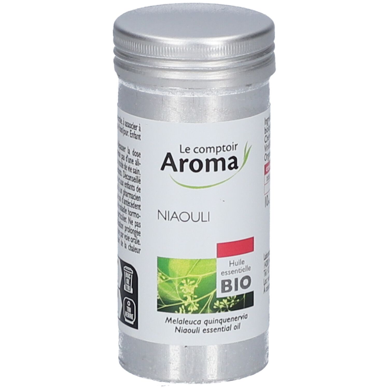 Zylindrische Metallflasche mit Etikett. Aufschrift: Le Comptoir Aroma, Niaouli, BIO. Grün-weißes Etikett mit Pflanzenabbildung.
