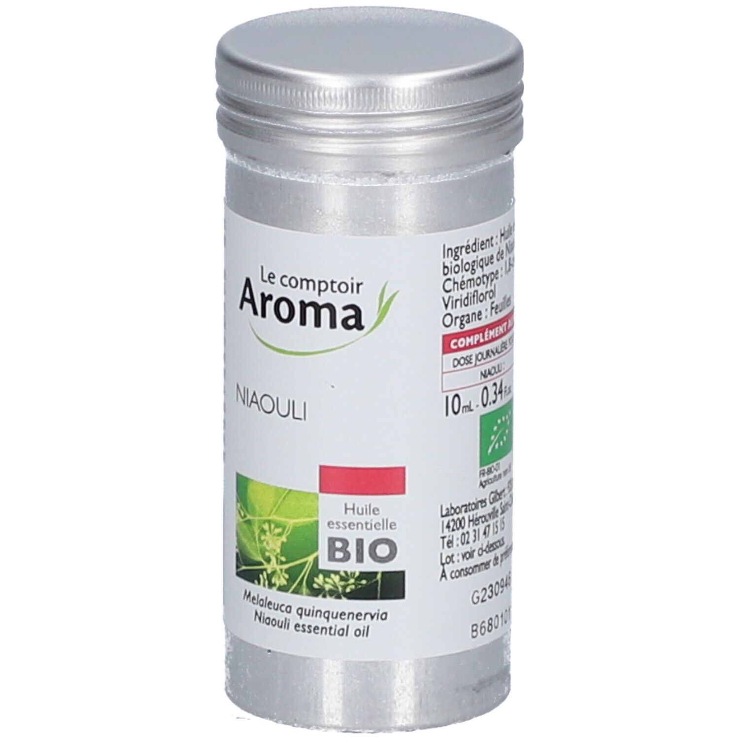 Zylindrische Metallflasche mit Etikett. Aufschrift: Le Comptoir Aroma, Niaouli, BIO. AB-Bio-Siegel. 10 ml.