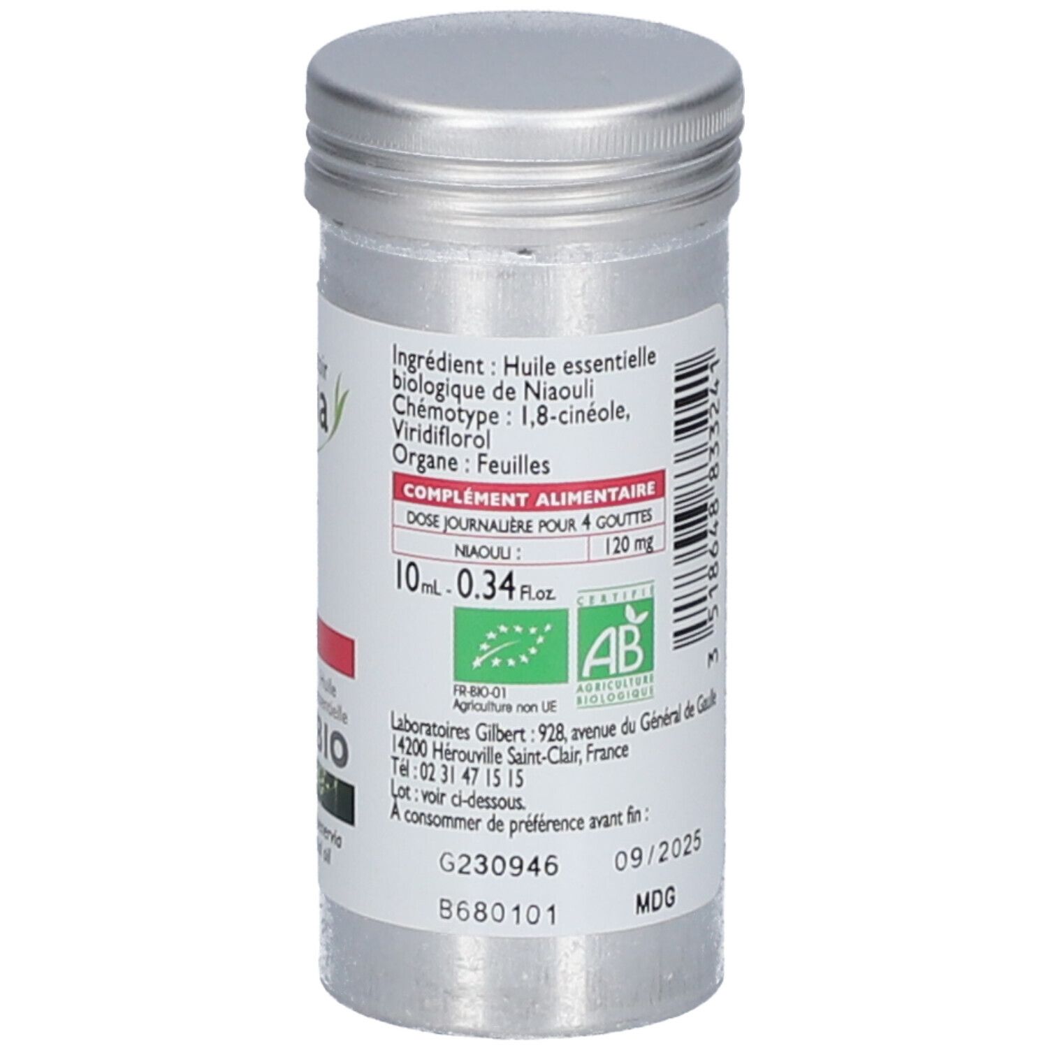 Zylindrische Metallflasche mit Etikett. Aufschrift: Le Comptoir Aroma, Niaouli, BIO. AB-Bio-Siegel. 10 ml. Mindesthaltbarkeitsdatum 09/2025.