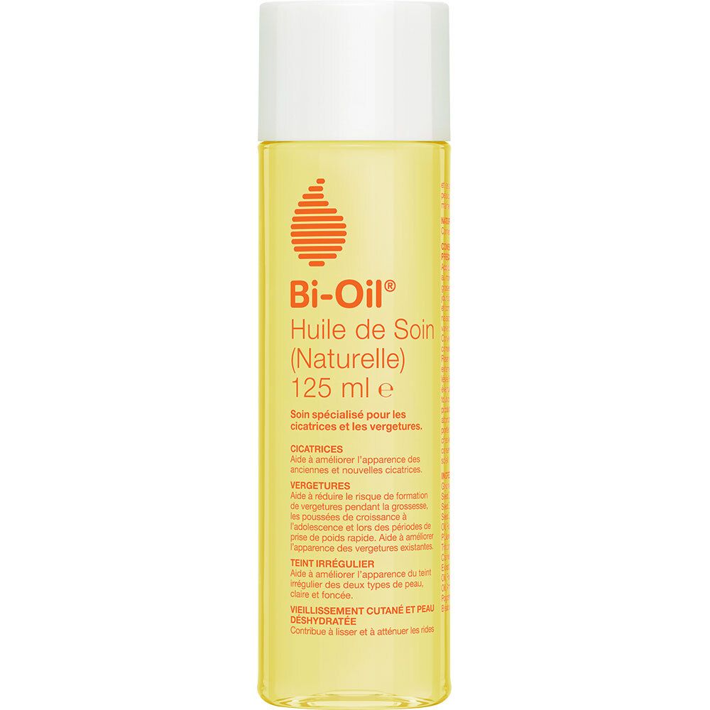 Bi-Oil Huile de Soin (Naturelle) 125ml. Flacon avec bouchon blanc. Logo orange. Soin spécialisé pour cicatrices et vergetures.
