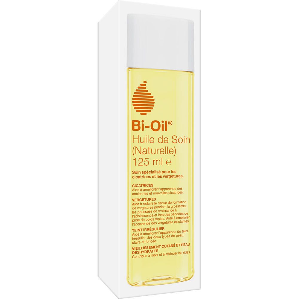 Bi-Oil Huile de Soin (Naturelle) 125ml. Flacon et emballage. Logo orange. Soin spécialisé pour cicatrices et vergetures.