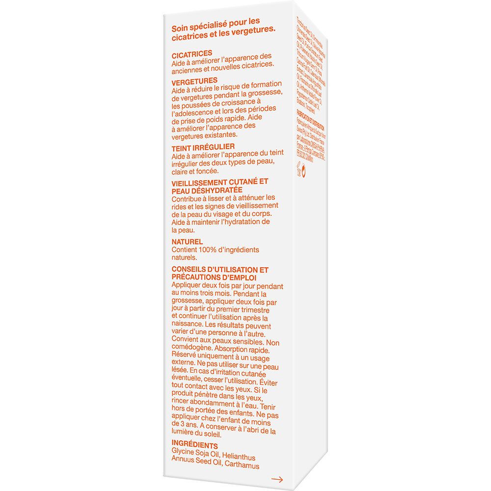 Emballage Bi-Oil. Texte orange. Contient des informations sur les ingrédients, l'utilisation et les précautions. Arrière.