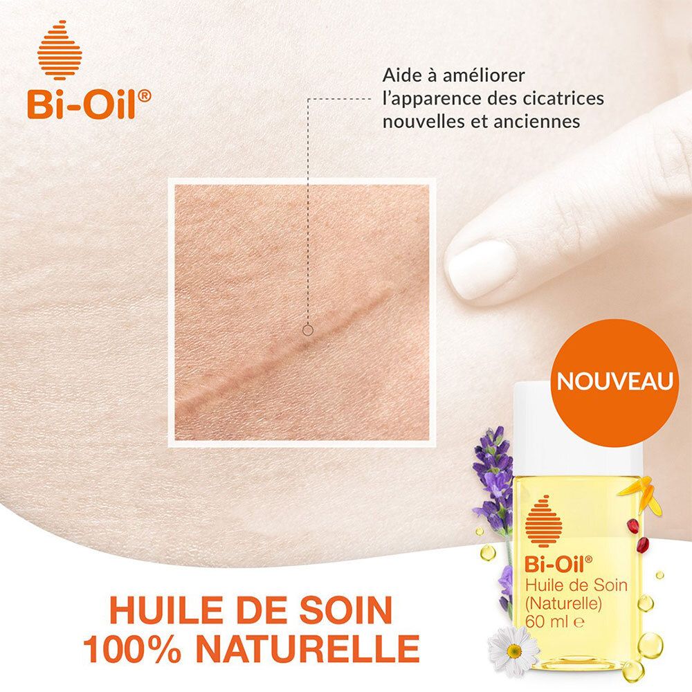 Bi-Oil Huile de Soin (Naturelle) 60ml. Flacon avec logo orange. Texte: 100% Naturel. Nouvelle formule. Peau avec cicatrice.