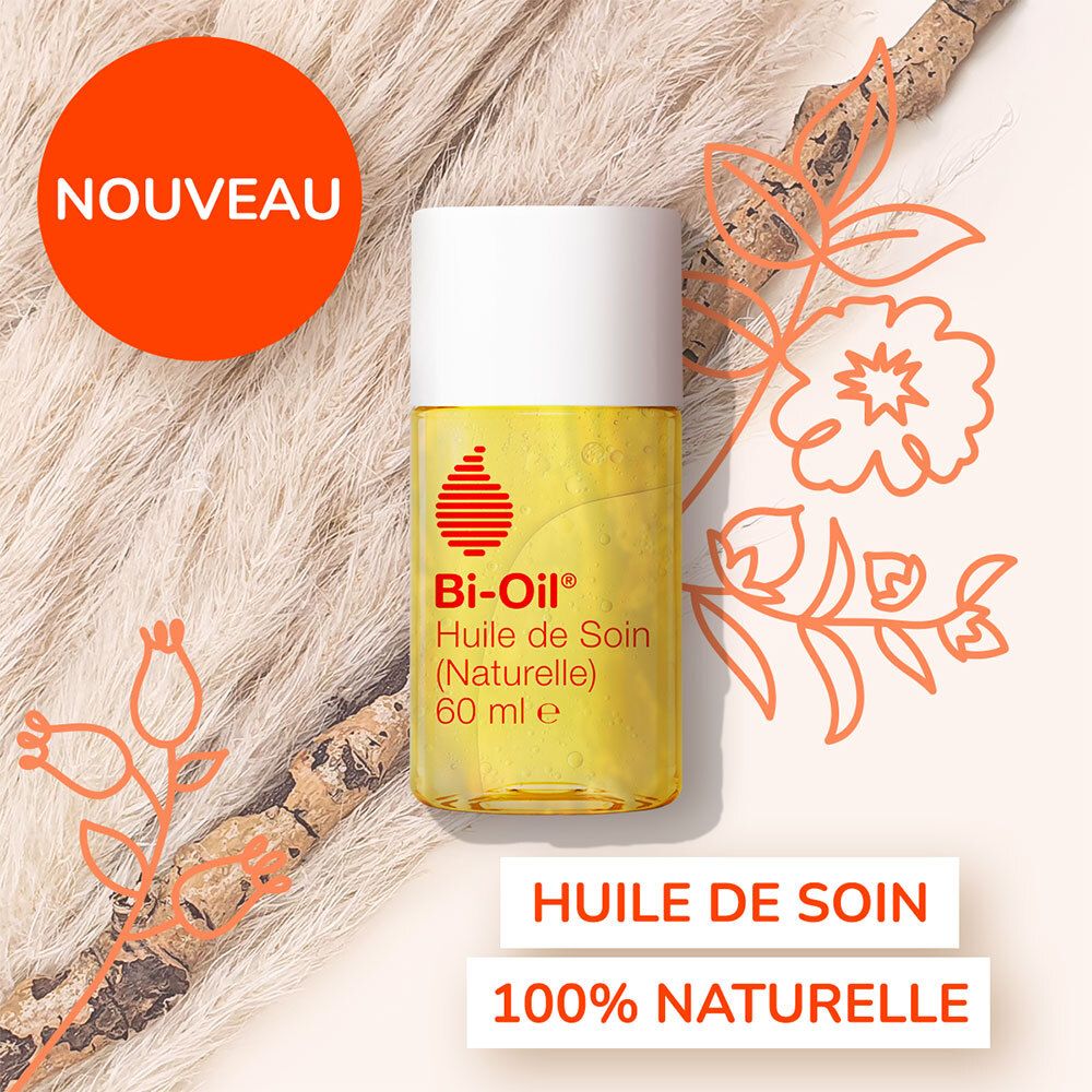 Bi-Oil Huile de Soin (Naturelle) 60ml. Flacon avec logo orange. Texte: 100% Naturel. Nouvelle formule. Sur fond clair.