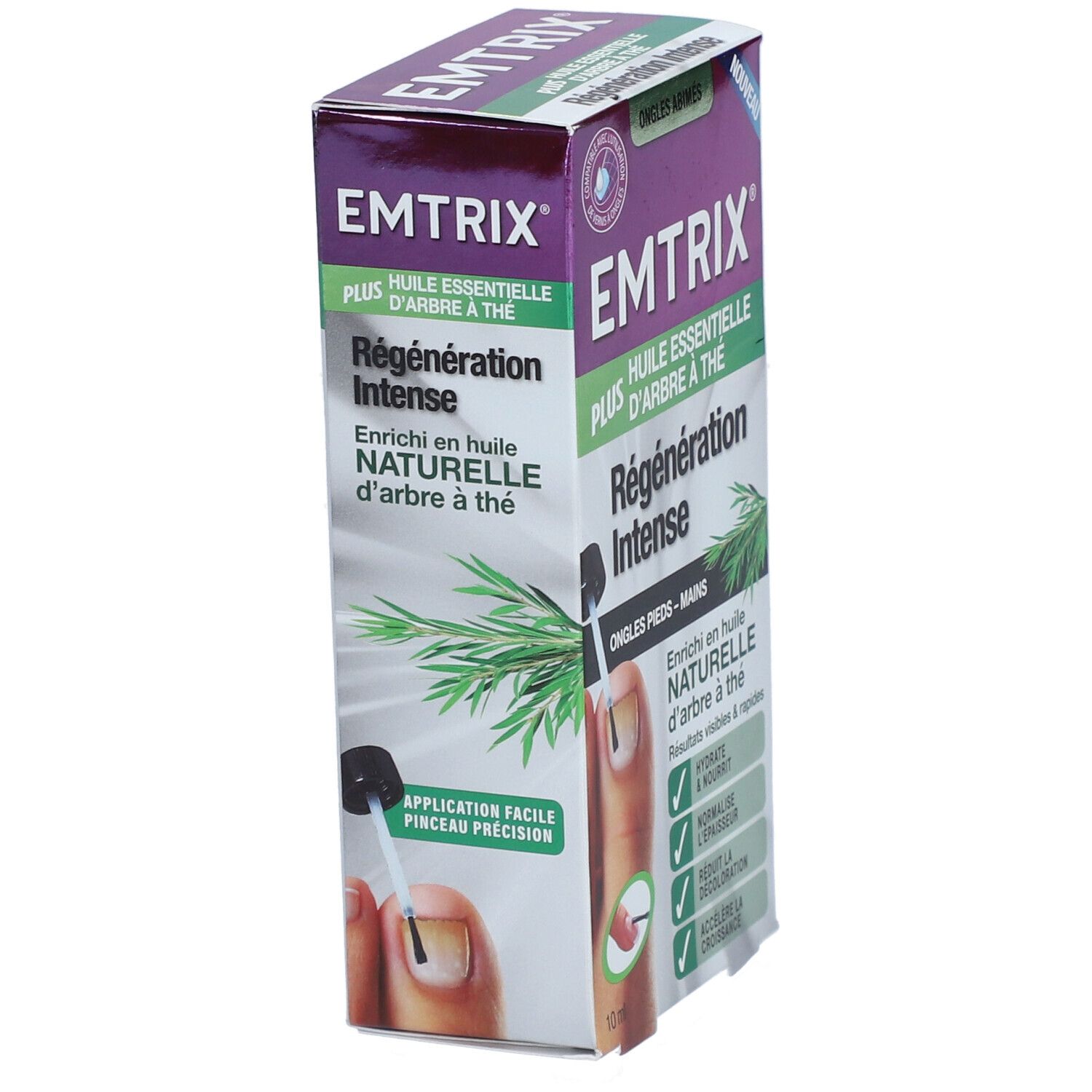 Boîte de produit pour ongles. Texte: EMTRIX Plus, huile essentielle d'arbre à thé, Régénération Intense. Vue latérale avec illustration d'ongle.