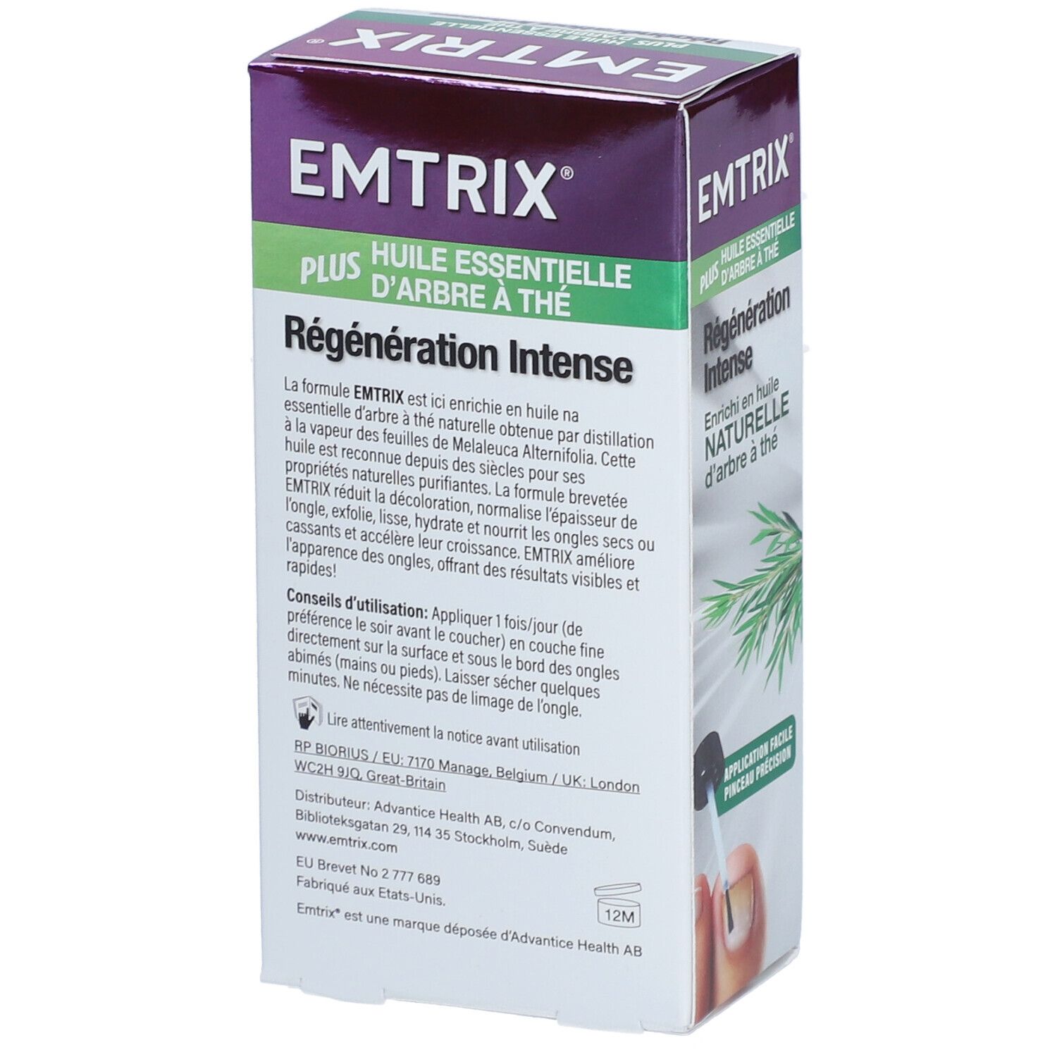 Emballage du produit avec texte: EMTRIX Plus, huile essentielle d'arbre à thé, Régénération Intense. Dos avec informations sur le produit.