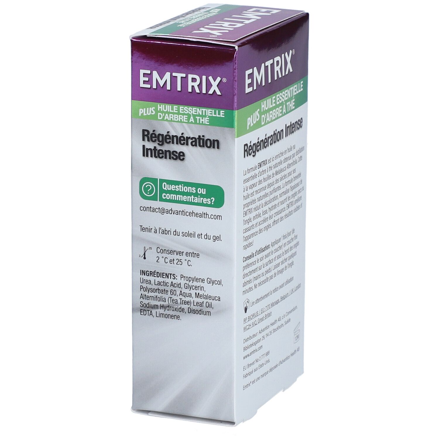 Emballage du produit avec texte: EMTRIX Plus, huile essentielle d'arbre à thé, Régénération Intense. Vue latérale avec ingrédients et coordonnées.