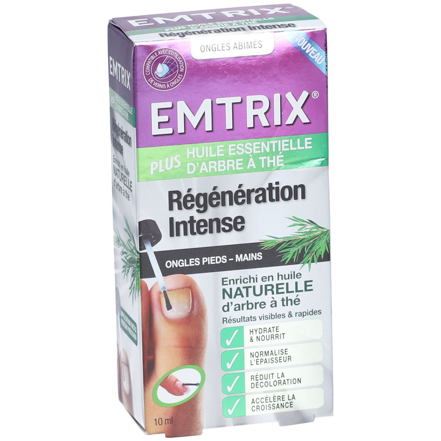 Boîte de produit pour ongles. Texte: EMTRIX Plus, huile essentielle d'arbre à thé, Régénération Intense. Illustration: Ongle avec pinceau.