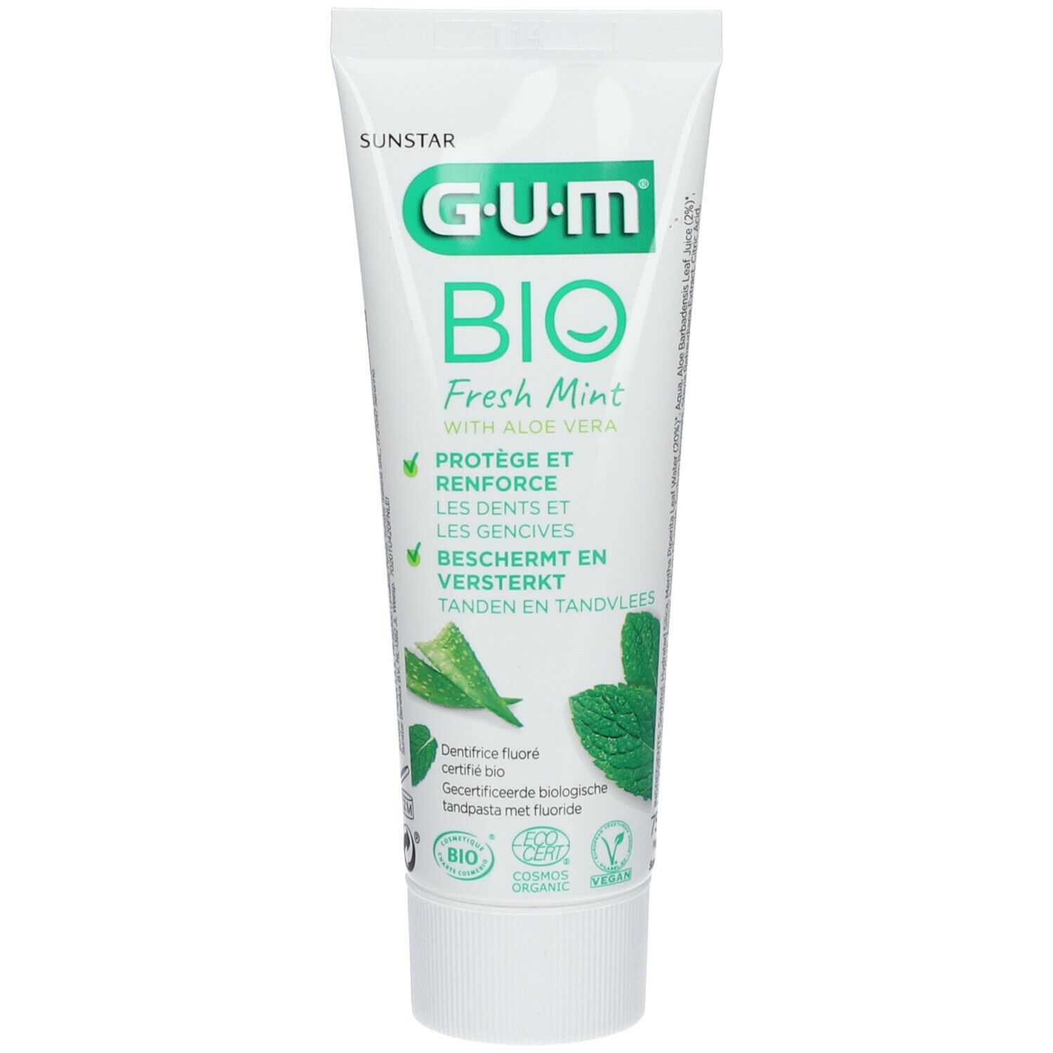 Tube de dentifrice blanche, texte vert. GUM BIO Fresh Mint avec Aloe Vera. Certifié bio, label Vegan.