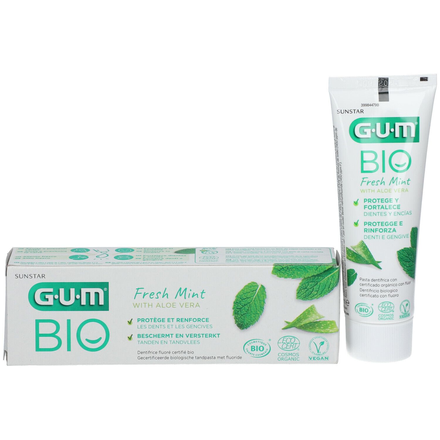 Tube et boîte de dentifrice. GUM BIO Fresh Mint avec Aloe Vera. Certifié bio, label Vegan. Feuilles de menthe.