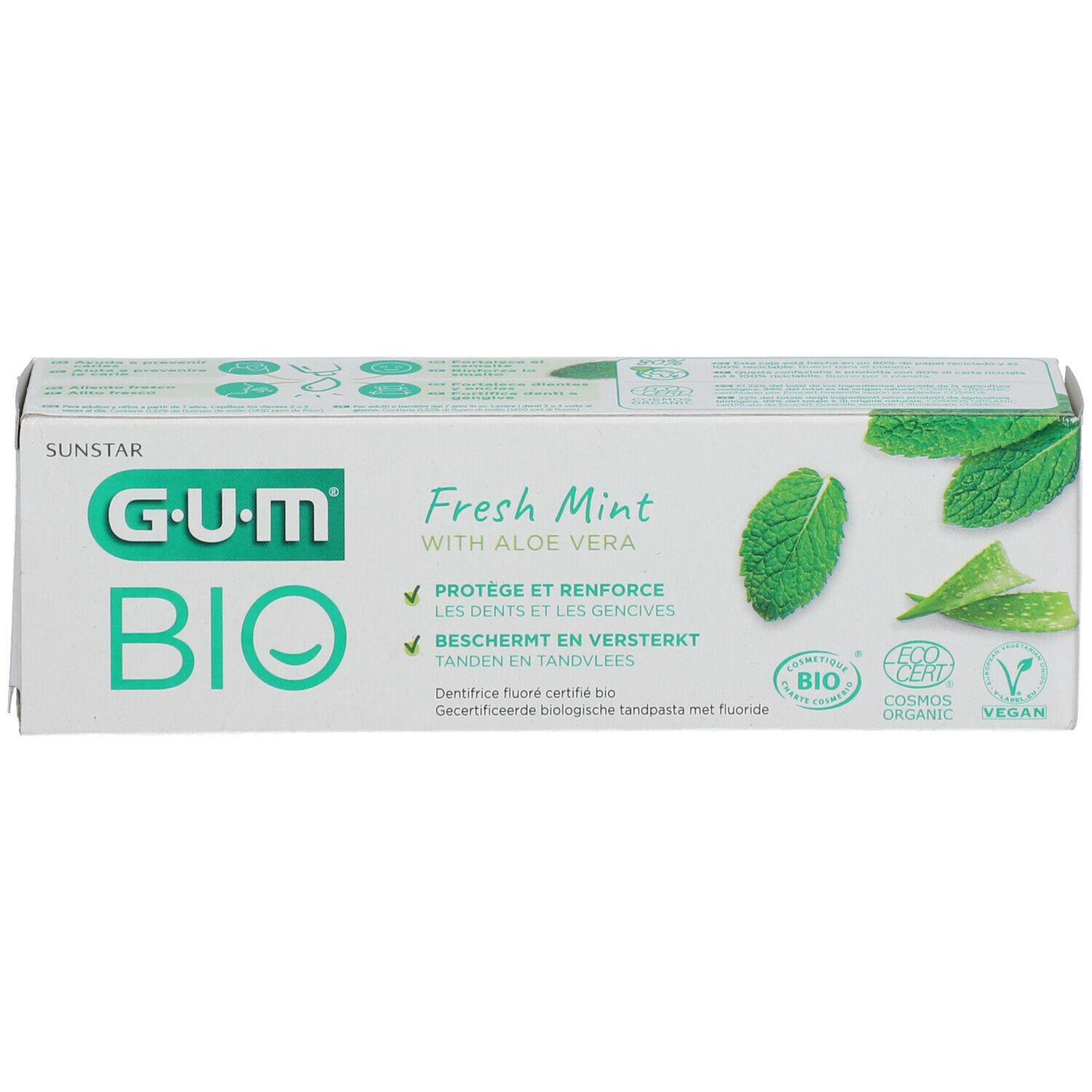 Boîte de dentifrice blanche, texte vert. GUM BIO Fresh Mint avec Aloe Vera. Certifié bio, label Vegan.