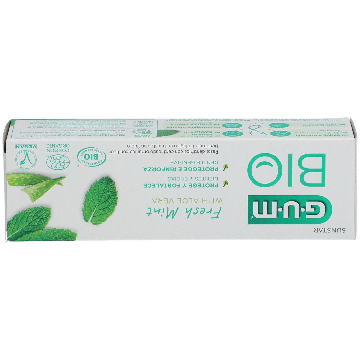 Boîte de dentifrice blanche, texte vert. GUM BIO Fresh Mint avec Aloe Vera. Certifié bio, label Vegan.