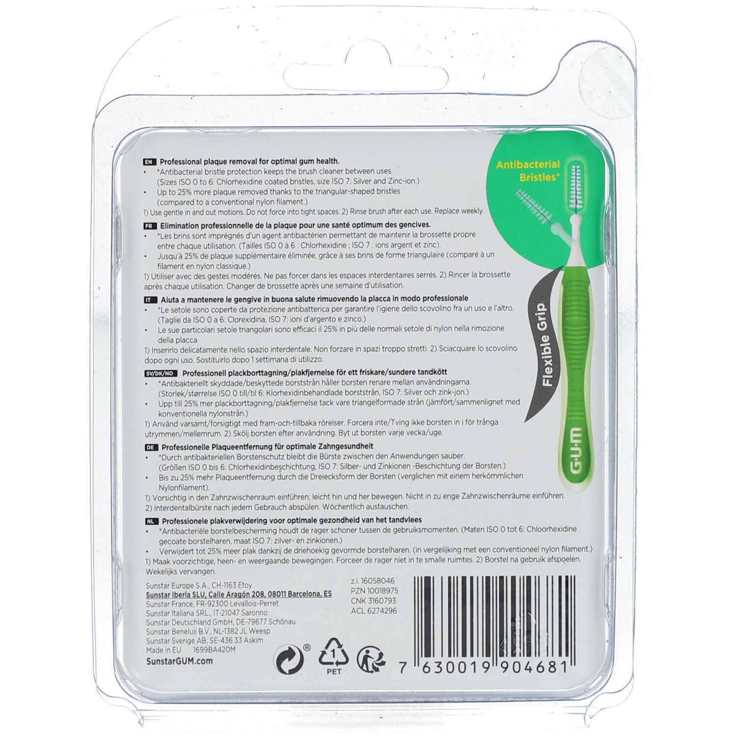 Rückseite der GUM TRAV-LER® Verpackung. Textinformationen und Illustrationen. Flexible Grifffunktion.