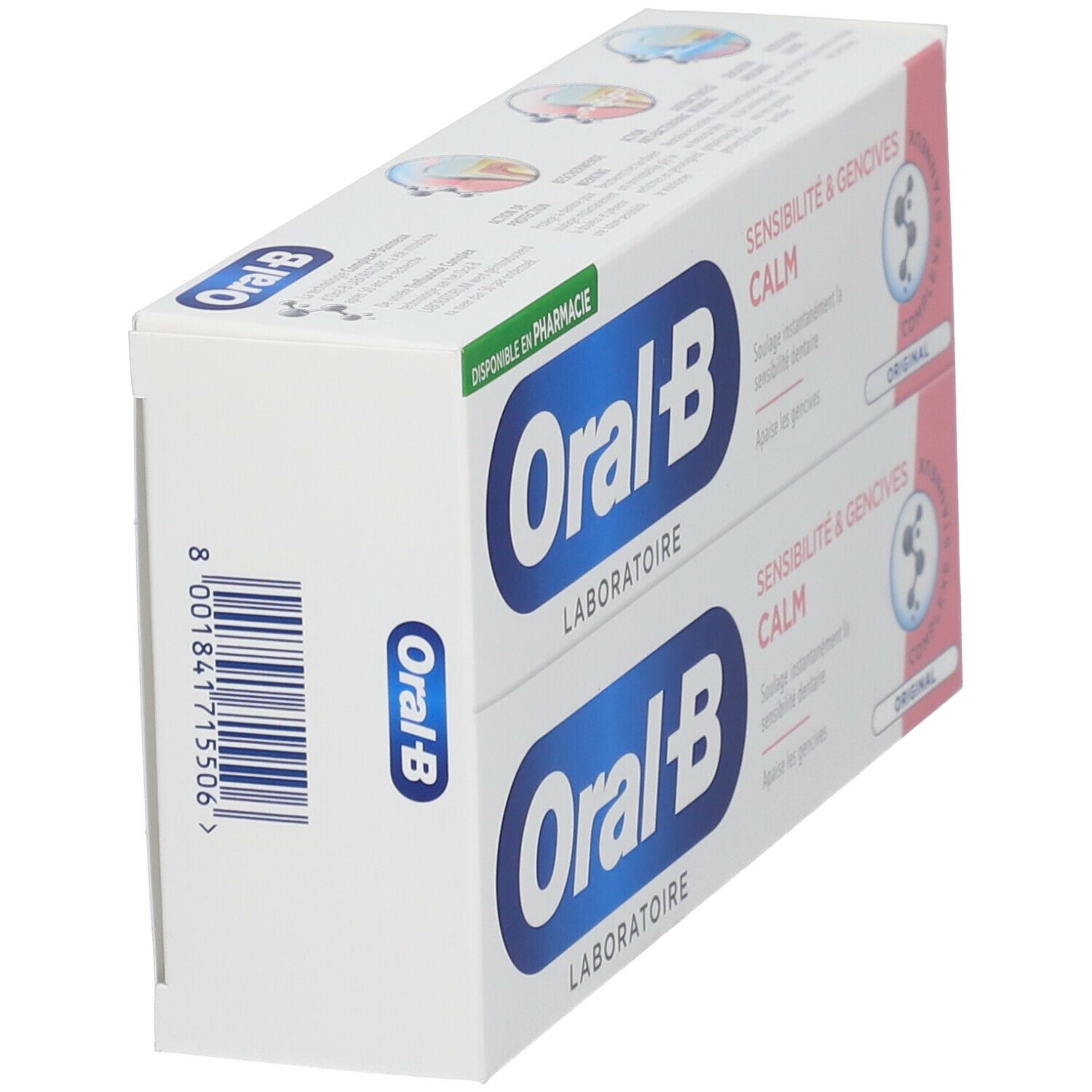 Deux boîtes de dentifrice Oral-B. Emballage blanc avec logo bleu et accents roses. Code-barres sur le côté.