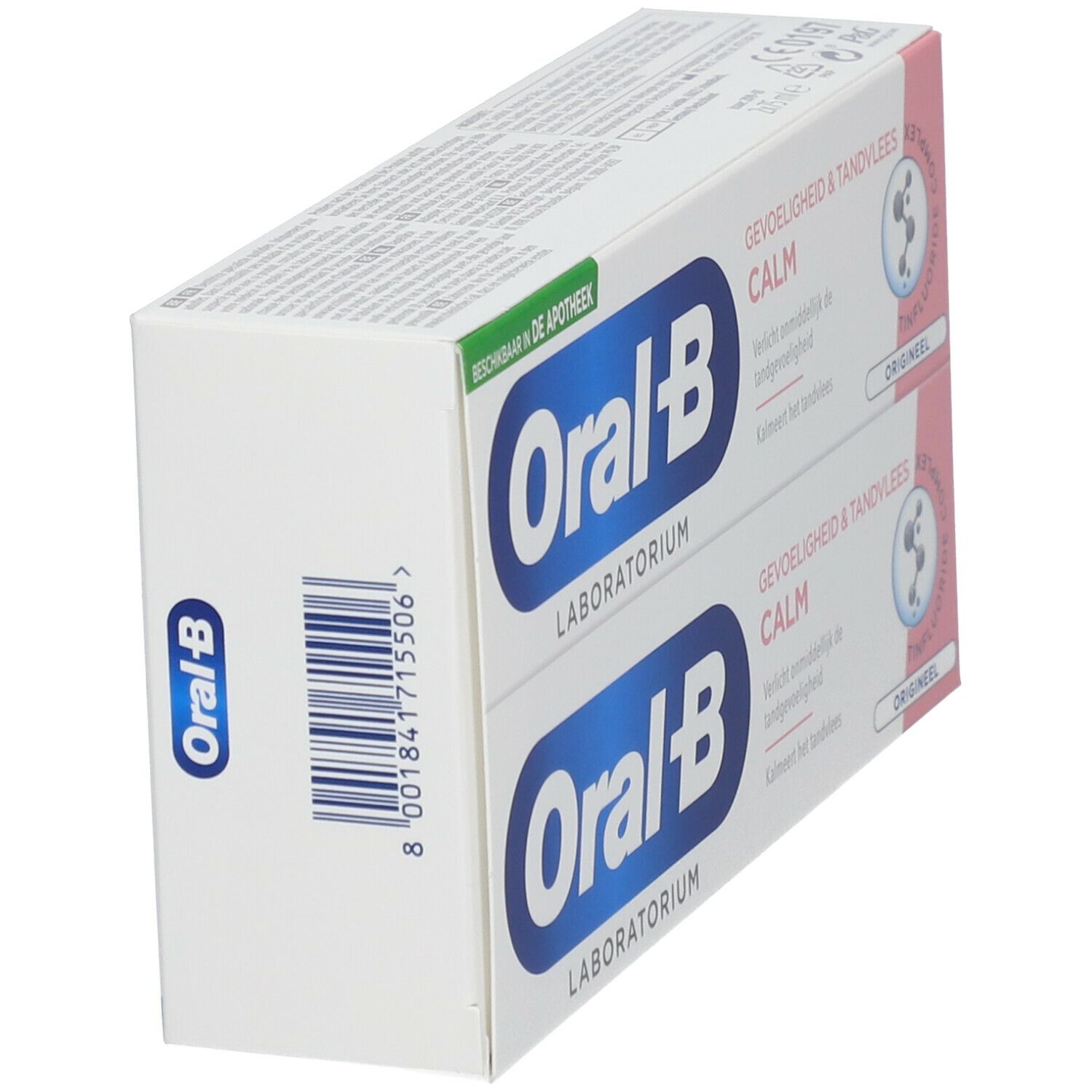 Deux boîtes de dentifrice Oral-B. Emballage blanc avec logo bleu et accents roses. Code-barres sur le côté.