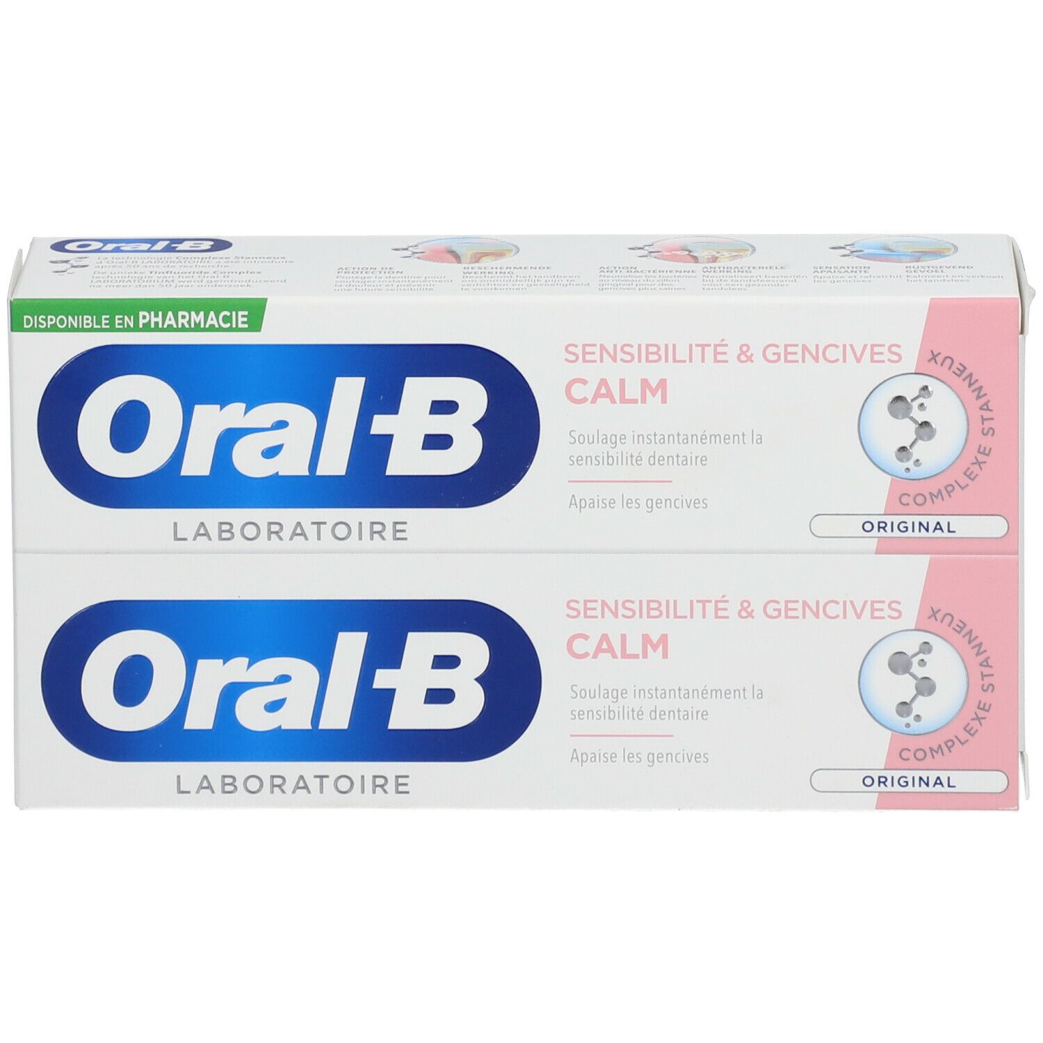Deux boîtes de dentifrice Oral-B. Emballage blanc avec logo bleu et accents roses. Texte: Sensibilité & Gencives Calm.