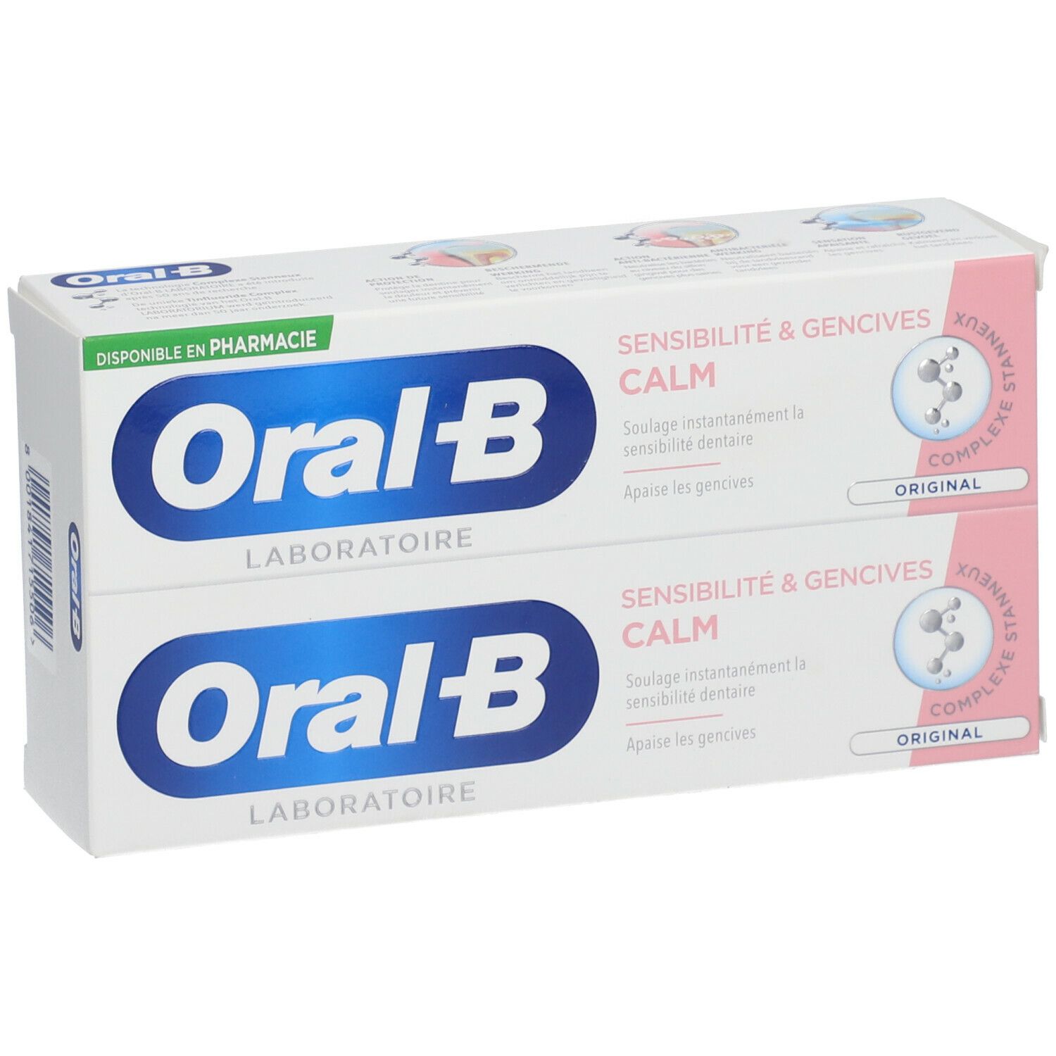 Deux boîtes de dentifrice Oral-B. Emballage blanc avec logo bleu et accents roses. Texte: Sensibilité & Gencives Calm.