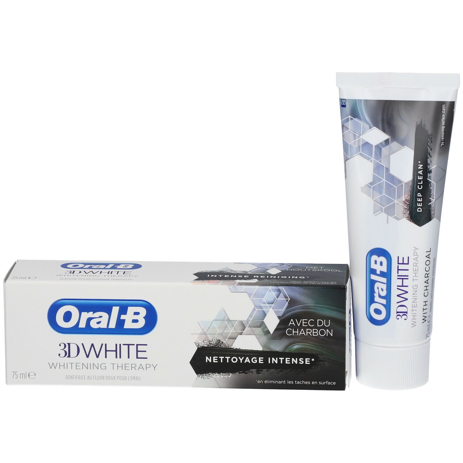 Tube et boîte de dentifrice. Tube blanc avec accents bleus. Boîte blanche avec design noir. Inscription : Oral-B 3D White.