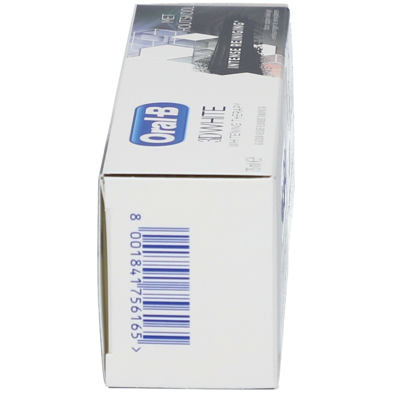 Vue latérale d'une boîte blanche. Inscription : Oral-B 3D White. Code-barres et autres informations.
