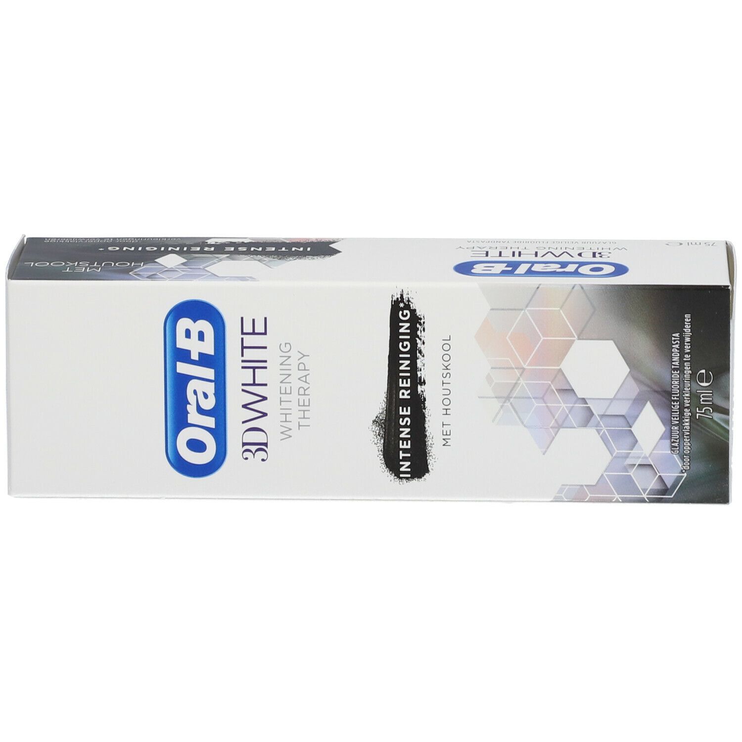 Boîte blanche avec inscription : Oral-B 3D White Whitening Therapy. Avec charbon. Élément de design noir.