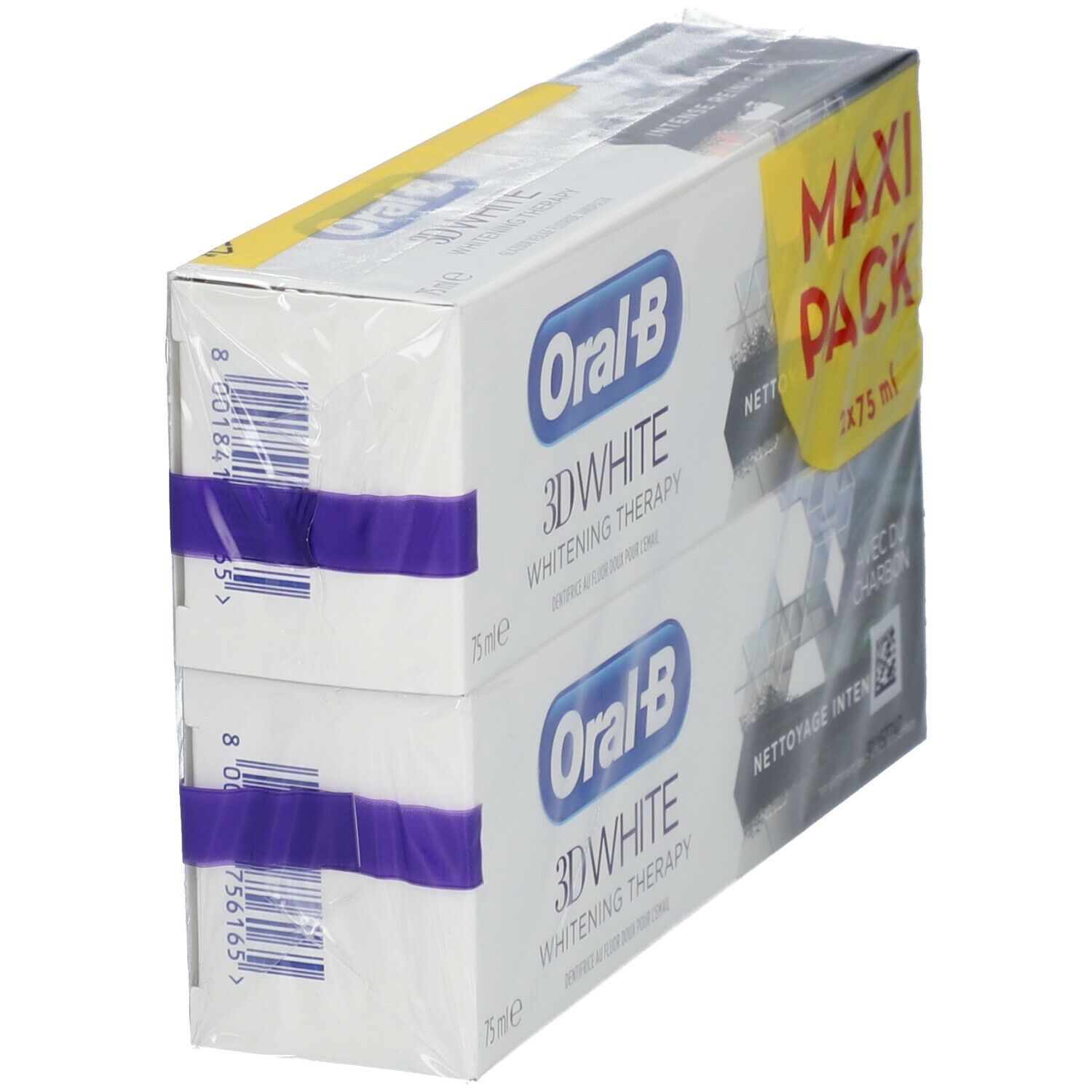 Deux boîtes de dentifrice Oral-B 3D White Whitening Therapy. Emballé dans du film plastique. Ruban violet. Maxi Pack.