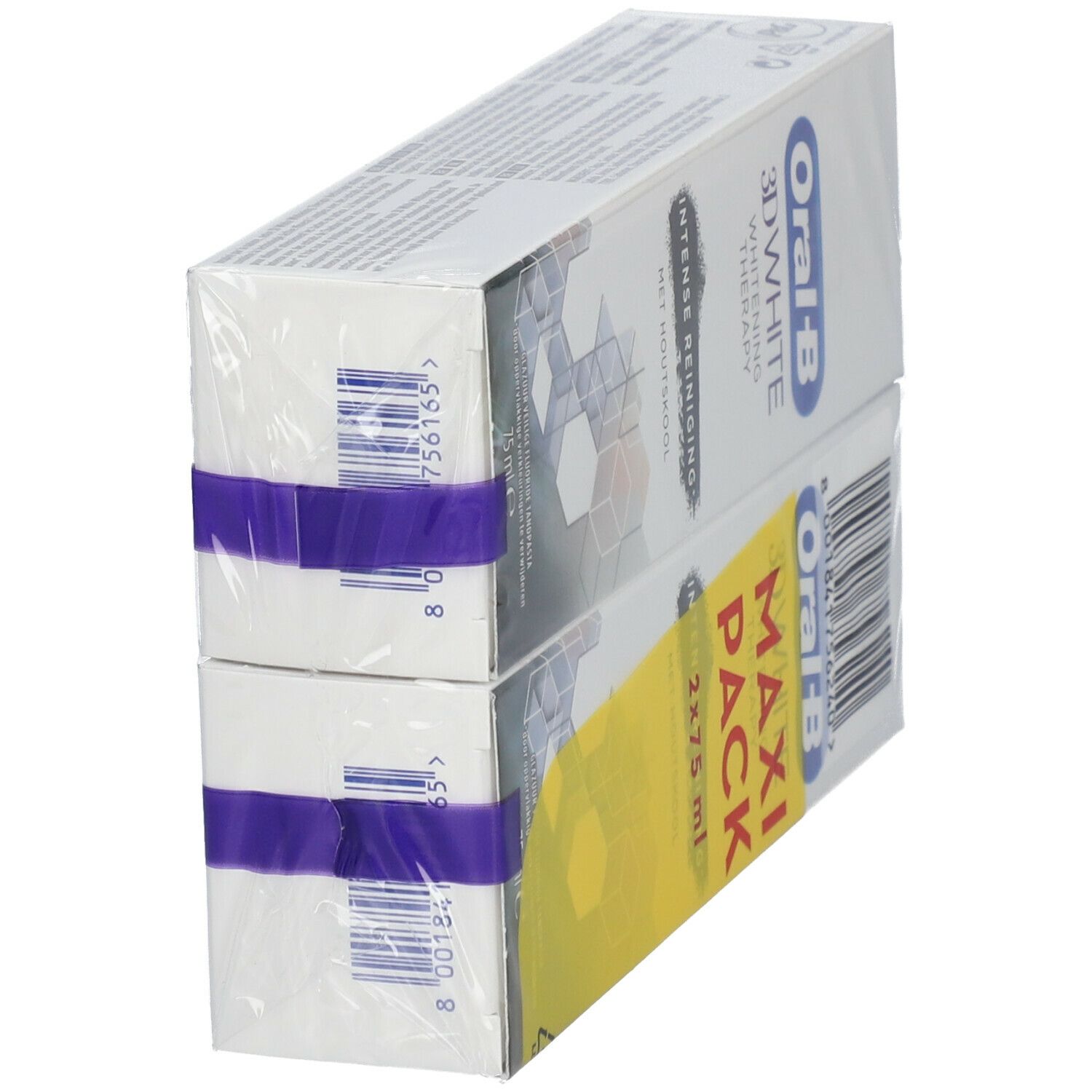 Deux boîtes de dentifrice Oral-B 3D White Whitening Therapy. Emballé dans du film plastique. Ruban violet. Vue latérale.