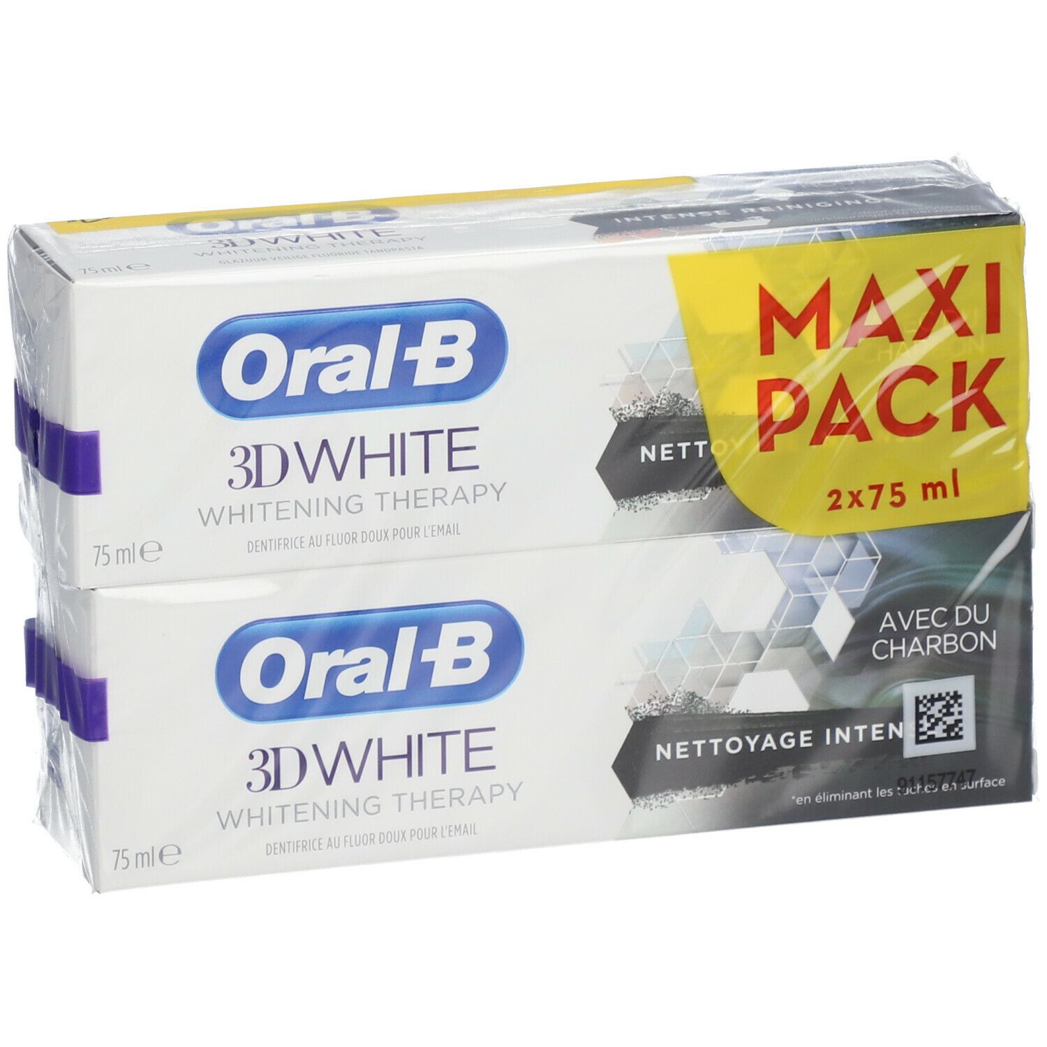 Deux boîtes de dentifrice Oral-B 3D White Whitening Therapy. Emballé dans du film plastique. Ruban violet. Maxi Pack.