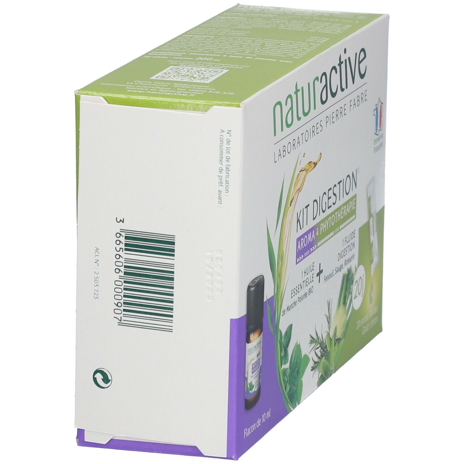 Vue latérale boîte Naturactive Kit DIGESTION. Code-barres et informations. Drapeau français.