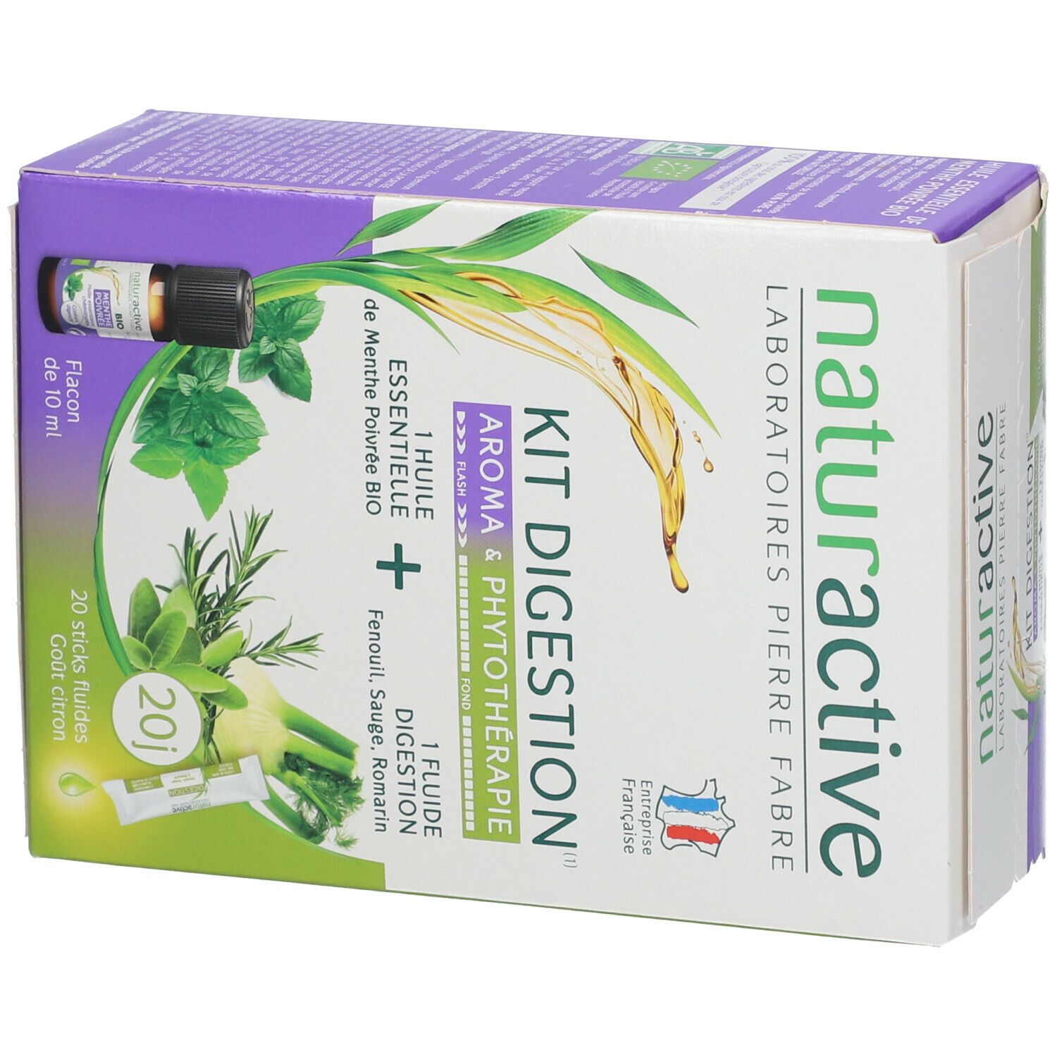 Boîte Naturactive Kit DIGESTION. Contient flacon huile essentielle et 20 sticks. Drapeau français.