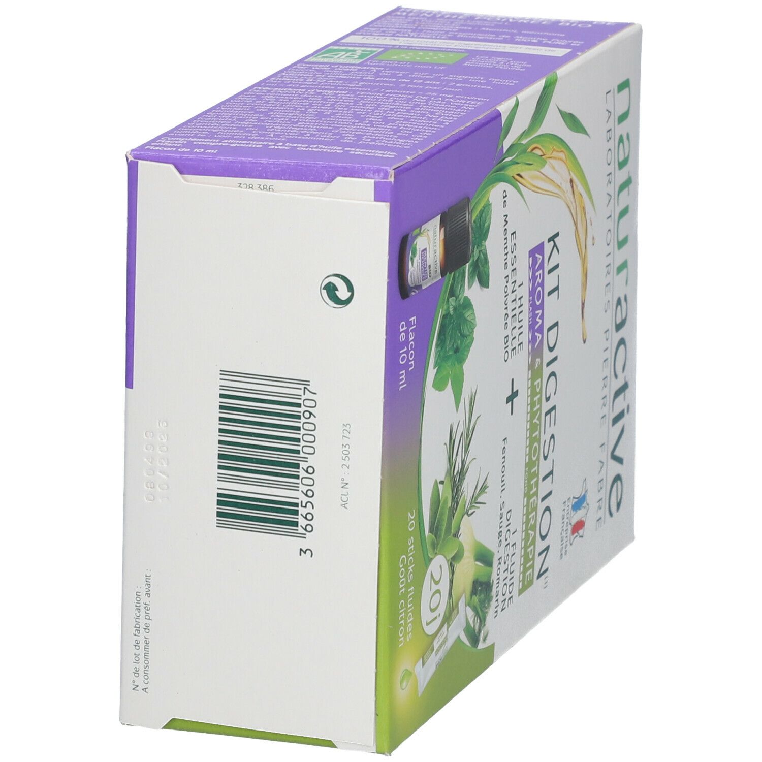 Vue latérale boîte Naturactive Kit DIGESTION. Code-barres et informations. Drapeau français.