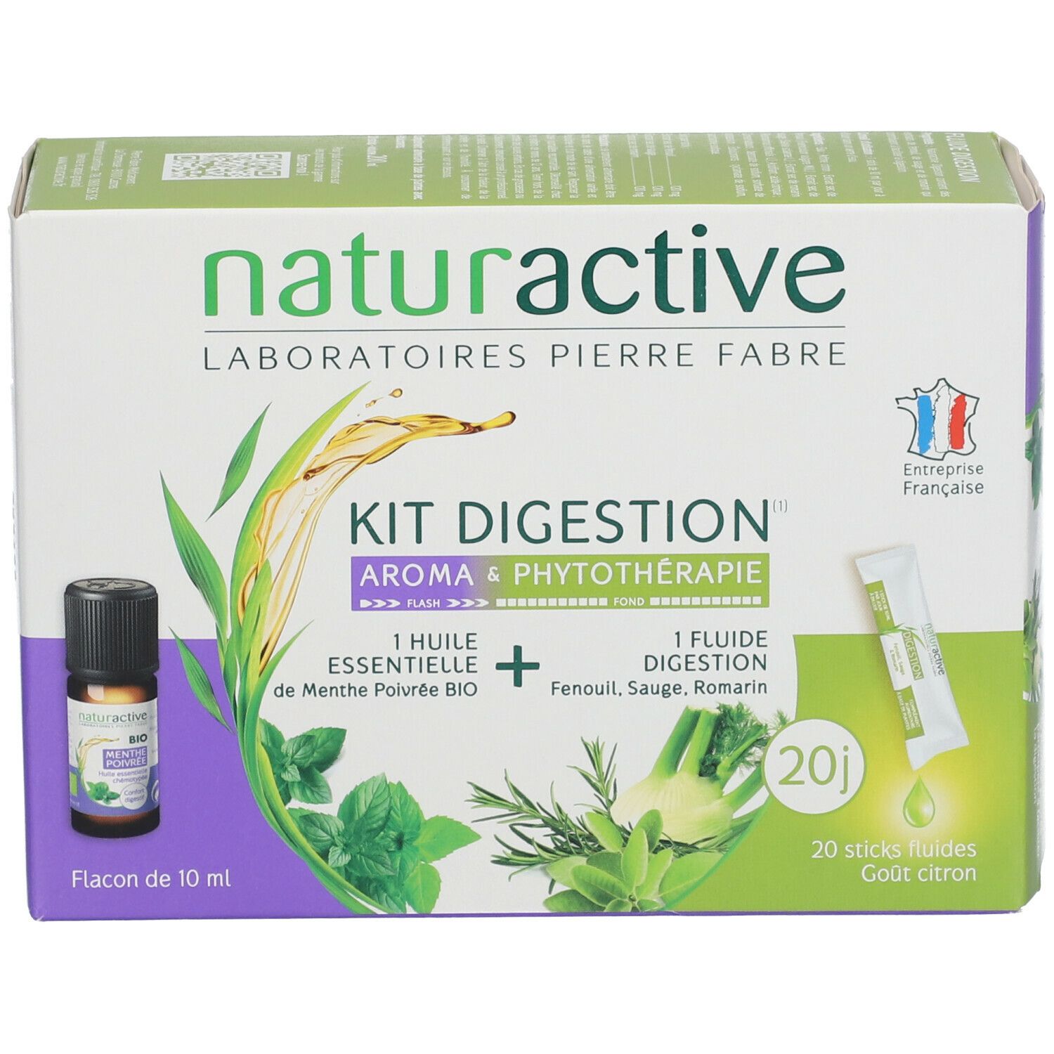 Boîte Naturactive Kit DIGESTION. Contient flacon huile essentielle et 20 sticks. Drapeau français.