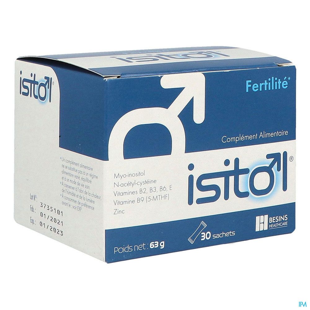 Boîte bleue et blanche avec logo et nom du produit. Contient 30 sachets. Poids net : 63 g. Marque : Besins Healthcare.