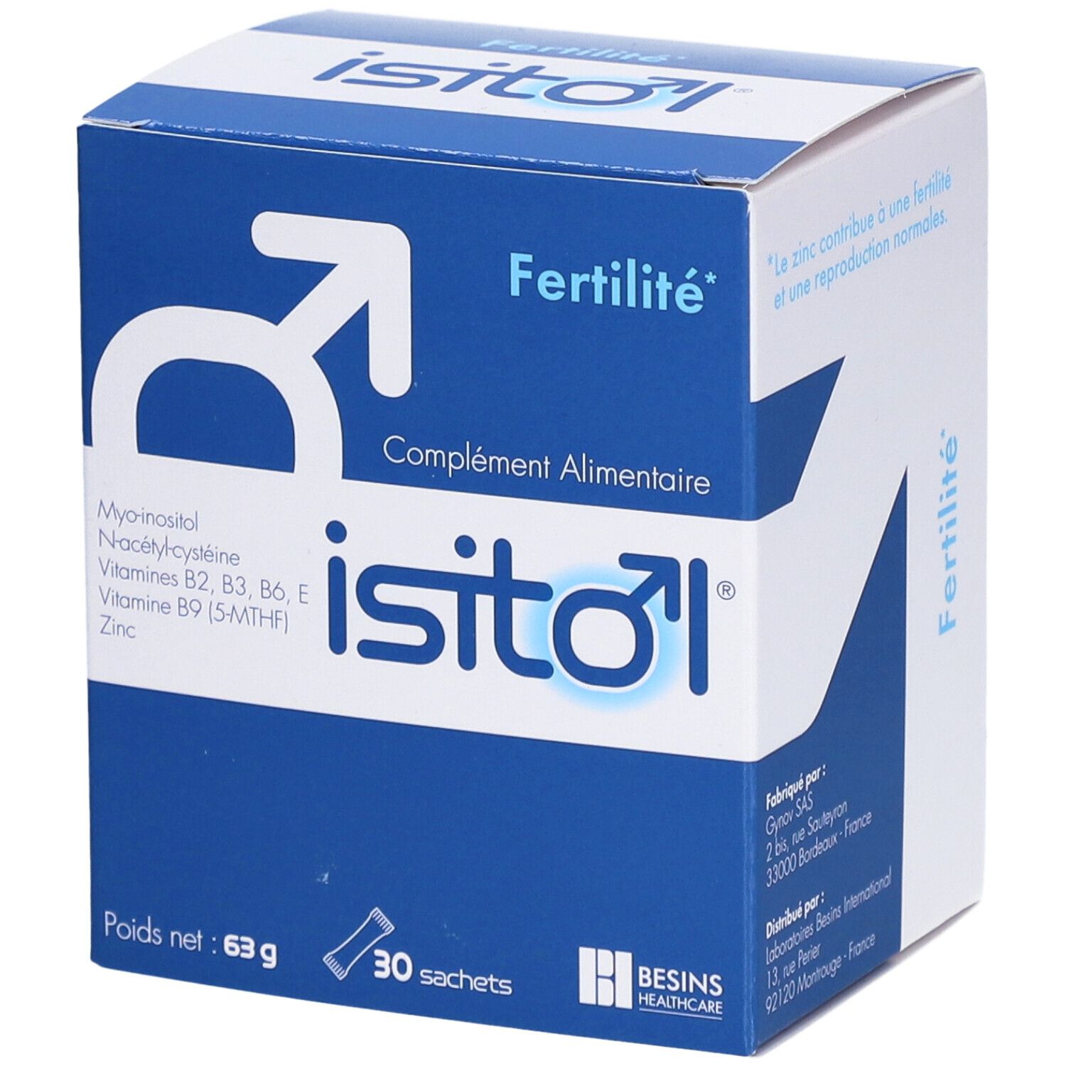 Boîte bleue et blanche avec logo et nom du produit. Contient 30 sachets. Poids net : 63 g. Marque : Besins Healthcare.