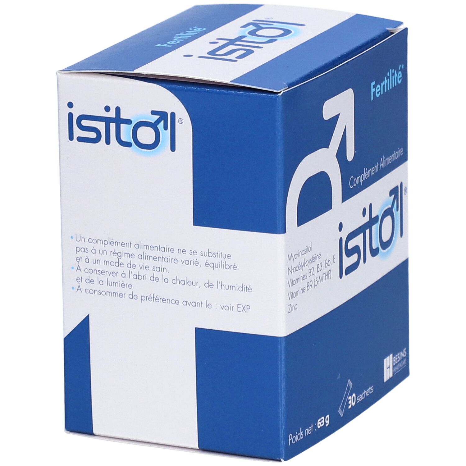Boîte bleue et blanche avec logo et nom du produit. Contient 30 sachets. Poids net : 63 g. Marque : Besins Healthcare.