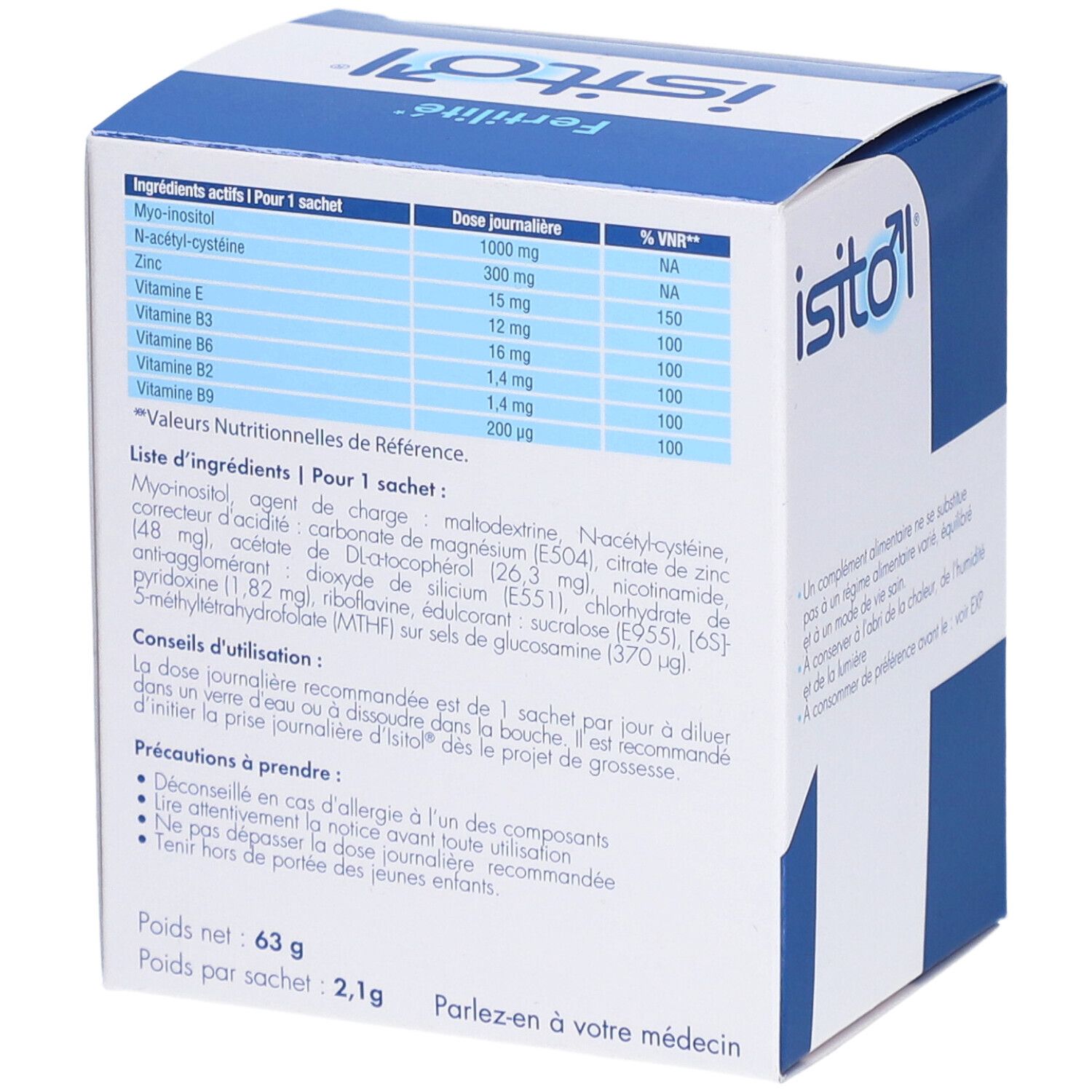 Dos de la boîte avec ingrédients et posologie. Contient 30 sachets. Poids net : 63 g. Marque : Besins Healthcare.