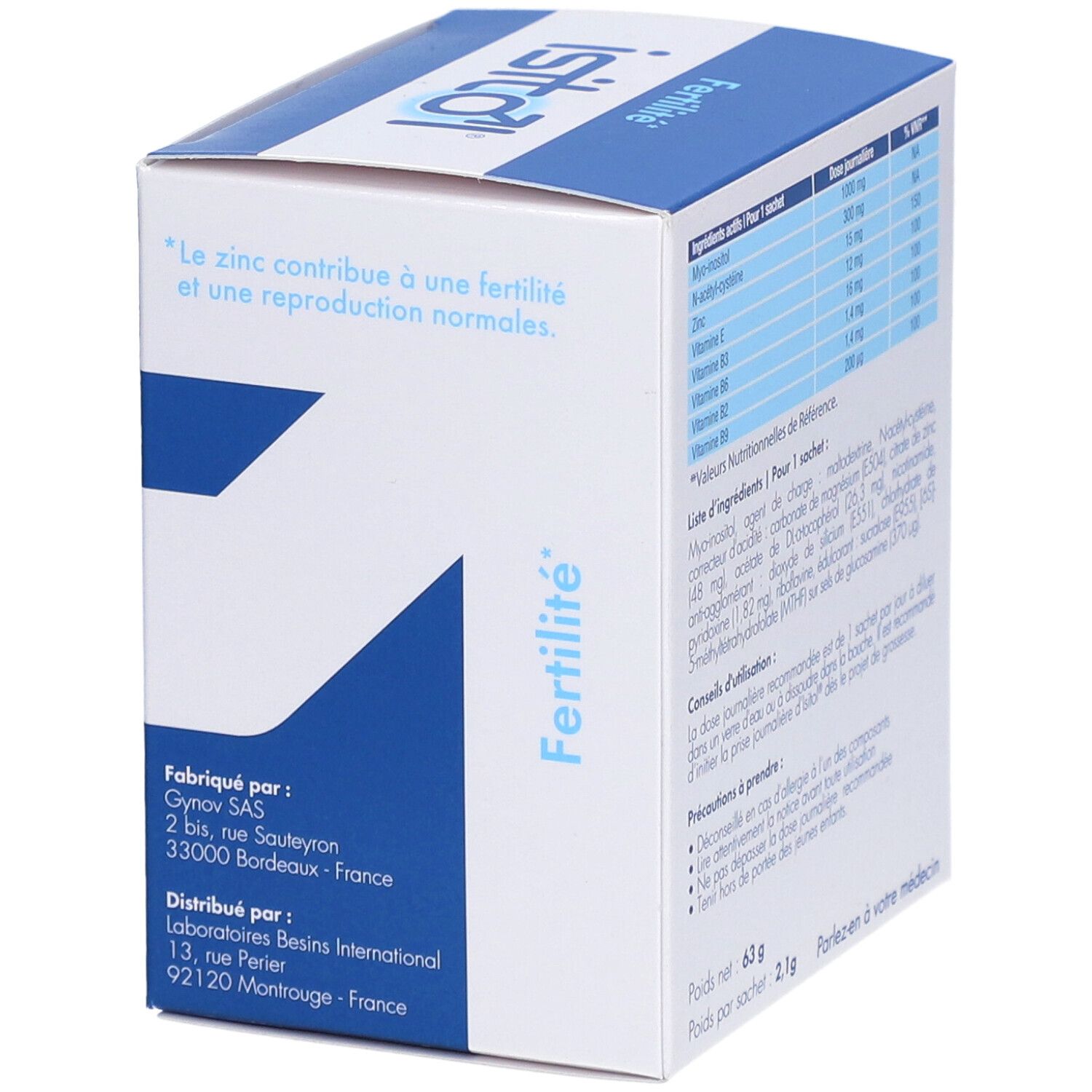 Dos de la boîte avec ingrédients et posologie. Contient 30 sachets. Poids net : 63 g. Marque : Besins Healthcare.
