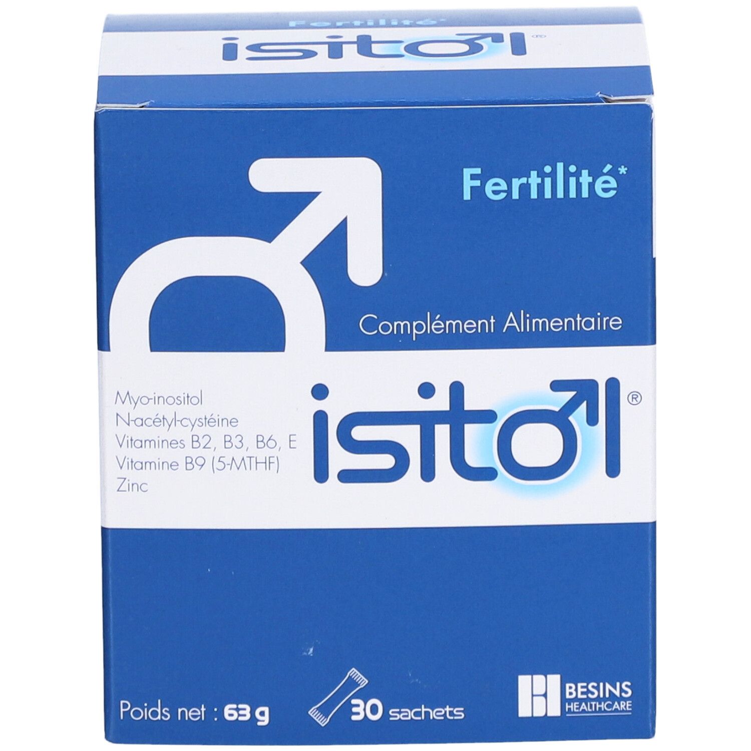 Boîte bleue et blanche avec logo et nom du produit. Contient 30 sachets. Poids net : 63 g. Marque : Besins Healthcare.