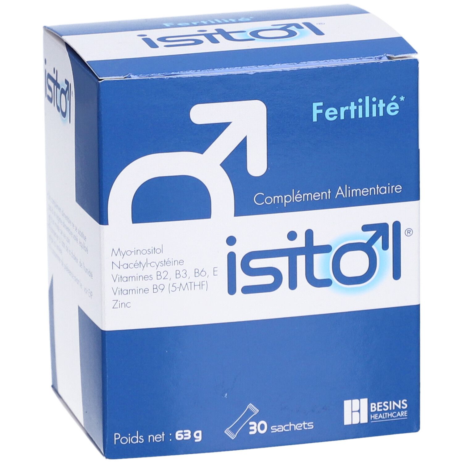 Boîte bleue et blanche avec logo et nom du produit. Contient 30 sachets. Poids net : 63 g. Marque : Besins Healthcare.