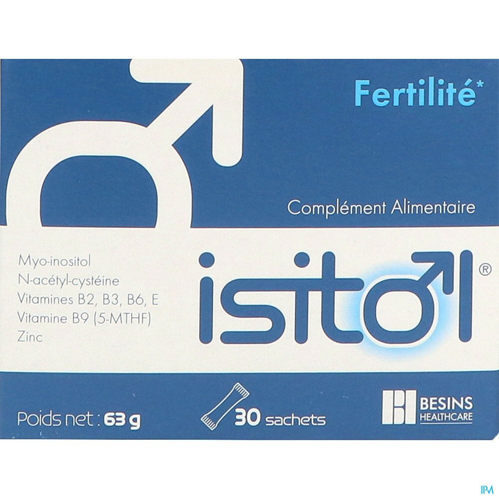 Boîte bleue et blanche avec logo et nom du produit. Contient 30 sachets. Poids net : 63 g. Marque : Besins Healthcare.
