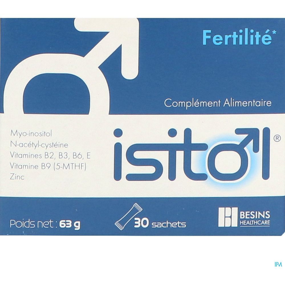 Boîte bleue et blanche avec logo et nom du produit. Contient 30 sachets. Poids net : 63 g. Marque : Besins Healthcare.
