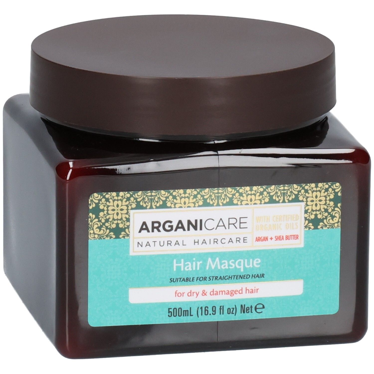 Arganicare Haarkur für trockenes, geschädigtes Haar. Braune Flasche mit braunem Deckel. 500ml.