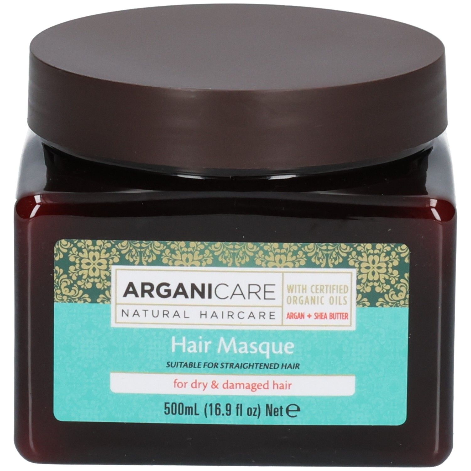 Arganicare Haarkur für trockenes, geschädigtes Haar. Braune Flasche mit braunem Deckel. 500ml.